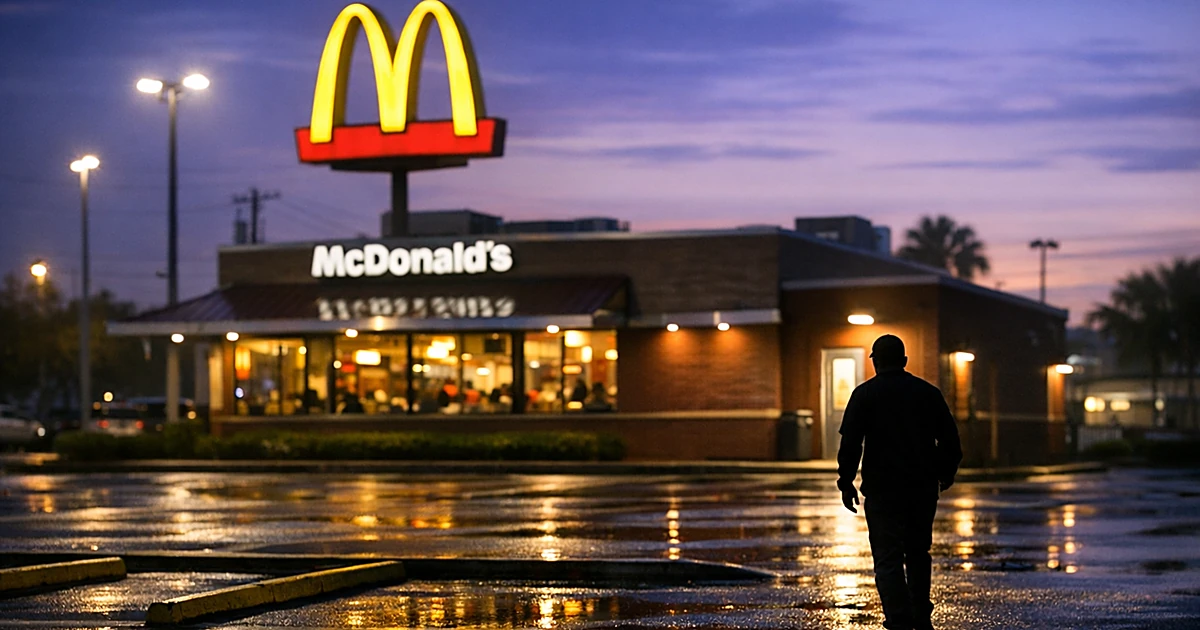 McDonald's restaurant exterior at dusk with empty parking lot and silhouetted figure approaching employee entrance