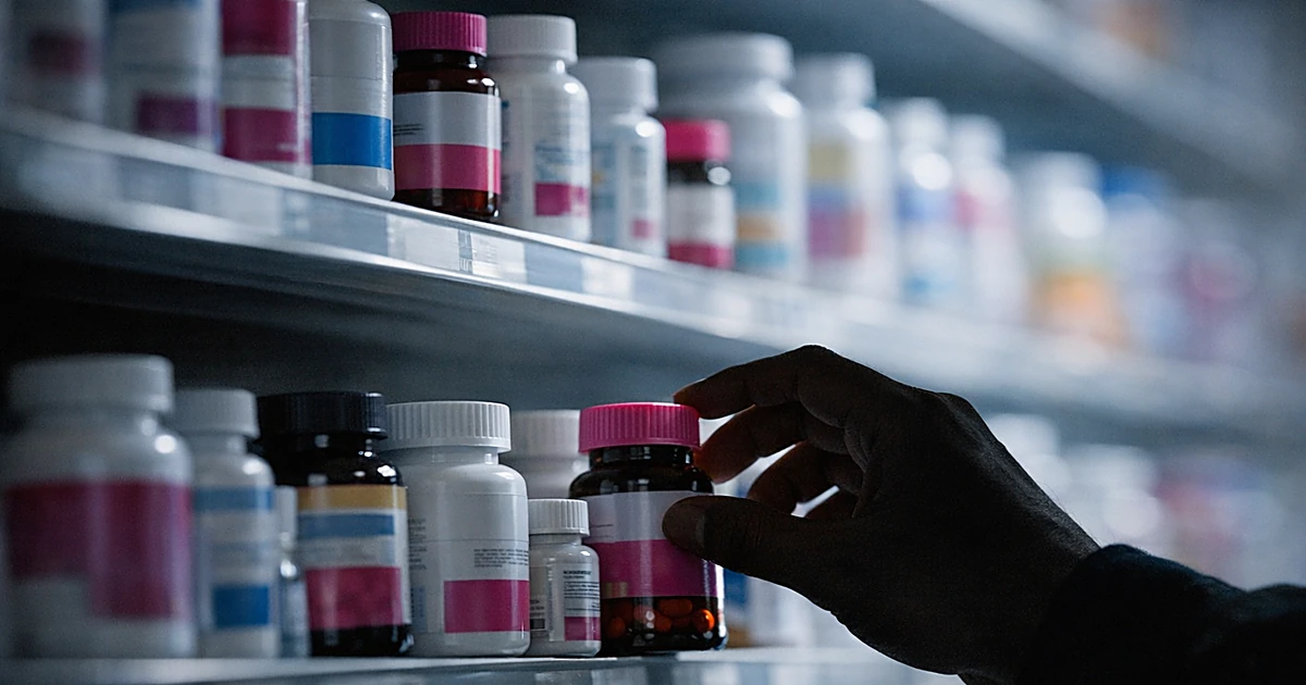 Silhouetted hand reaching toward over-the-counter medication bottles on pharmacy shelf