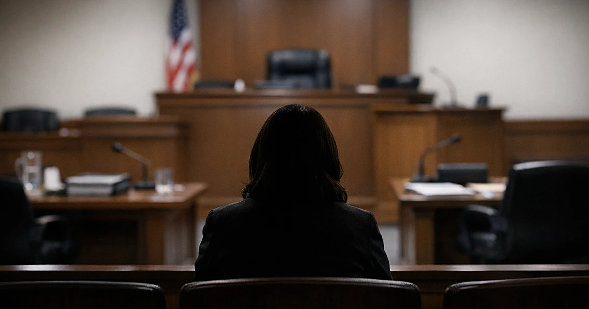 Empty courtroom interior with witness stand and silhouetted figure in gallery seating