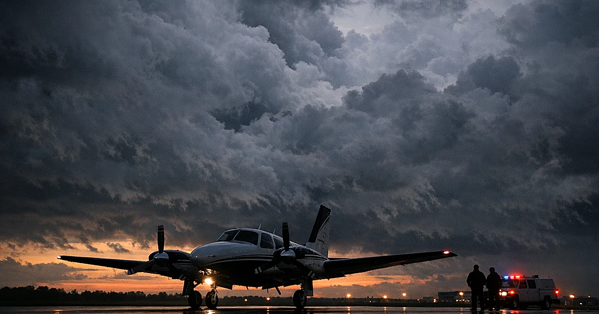 Small twin-engine aircraft silhouetted against dark storm clouds at regional airport during dusk