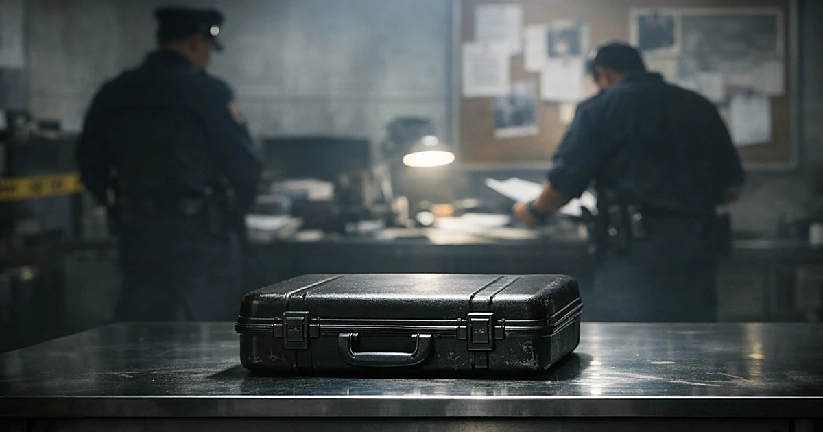 Police evidence room with closed suitcase on examination table, officers silhouetted in background