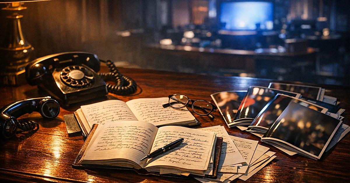 Desk with open diary pages, telephone off hook, and magazine covers scattered under dramatic lamp lighting