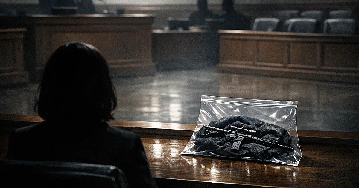 Courtroom scene with silhouetted witness at stand, evidence bag containing towel and rifle on surface before them
