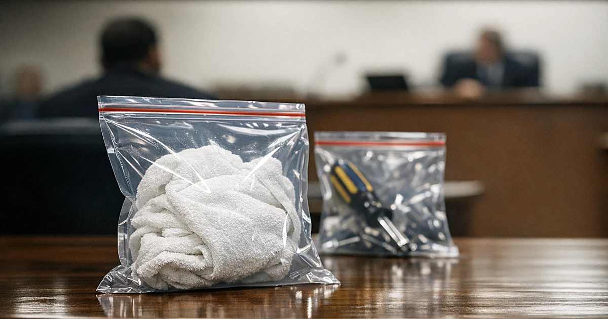 Evidence bags containing towel and screwdriver on courtroom table during forensic testimony hearing