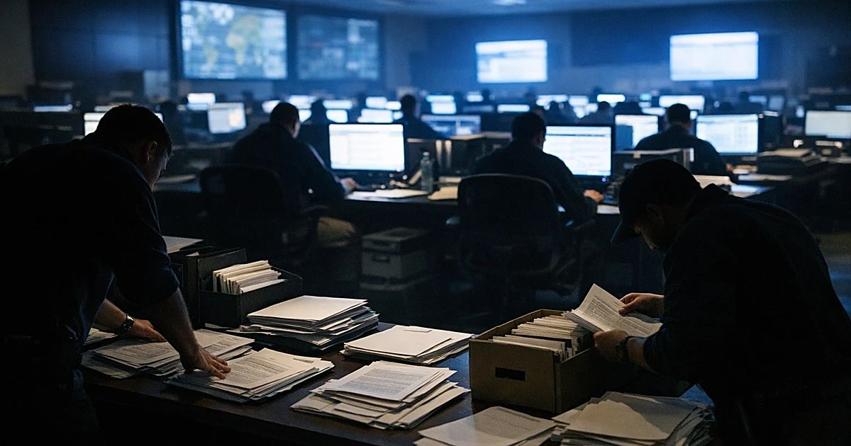FBI analysts working at computer stations in large operations center with documents and glowing monitors