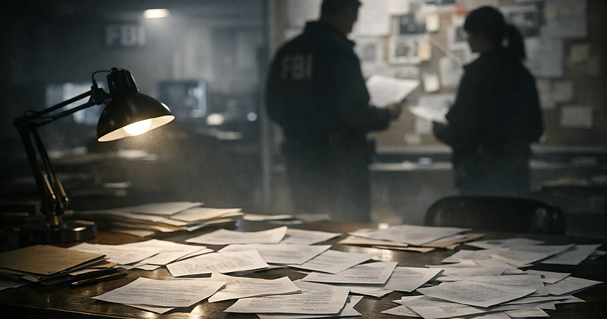 FBI evidence room with scattered blank documents on table and silhouetted agents in background