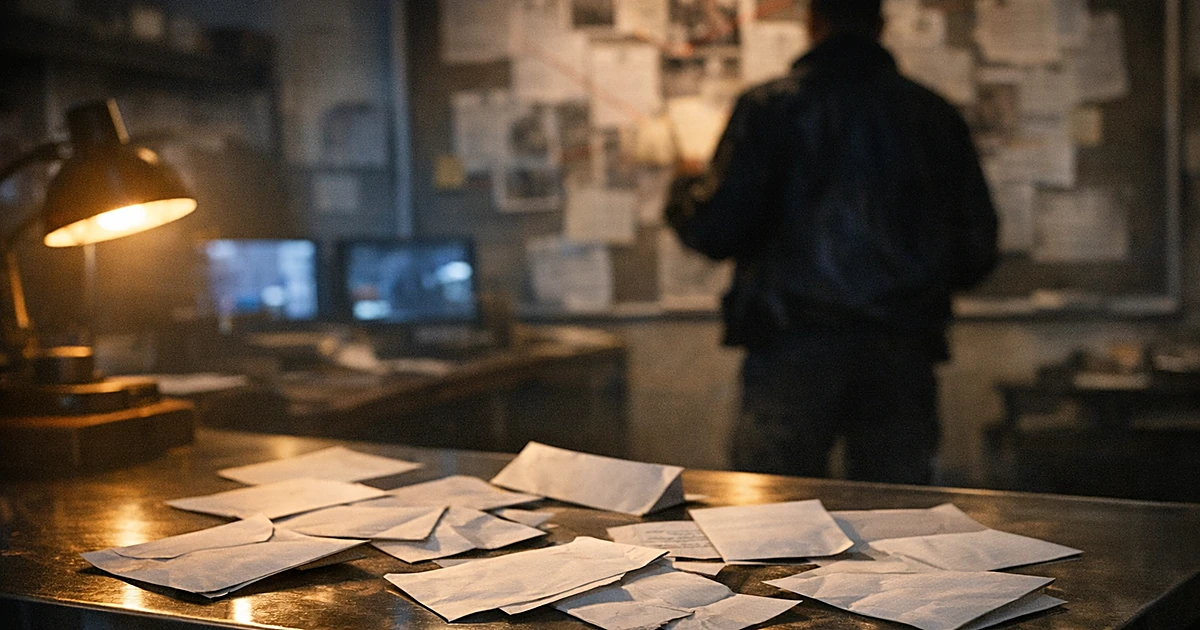 Evidence table with scattered envelopes and documents in FBI field office with silhouetted investigator in background