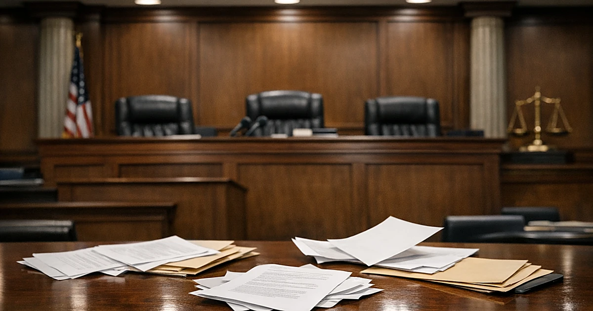 Empty federal courtroom bench with scattered legal documents on table in foreground