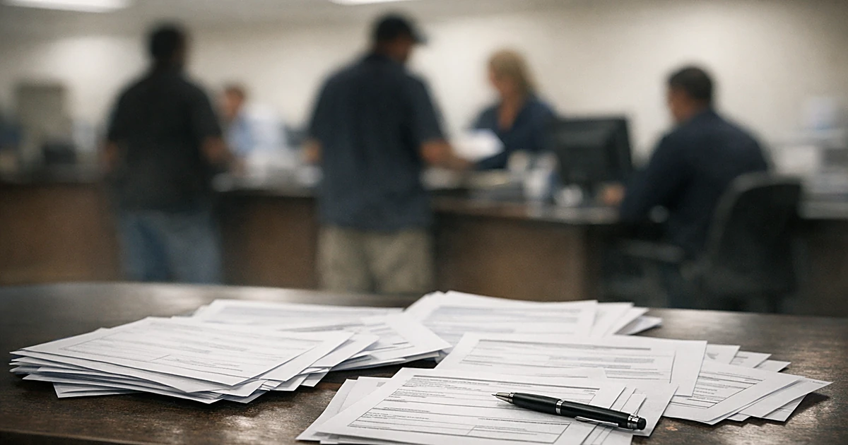 Blank voter registration forms on desk with silhouetted figures at processing stations in background