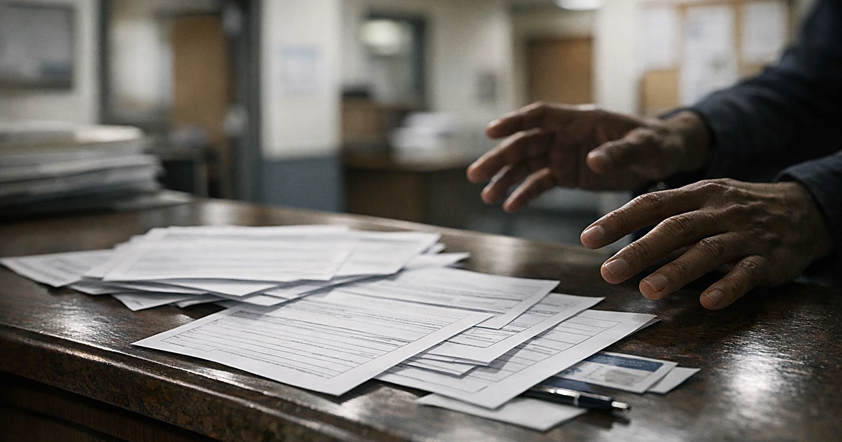 Voter registration forms on desk with silhouetted hands reaching toward documents in municipal office