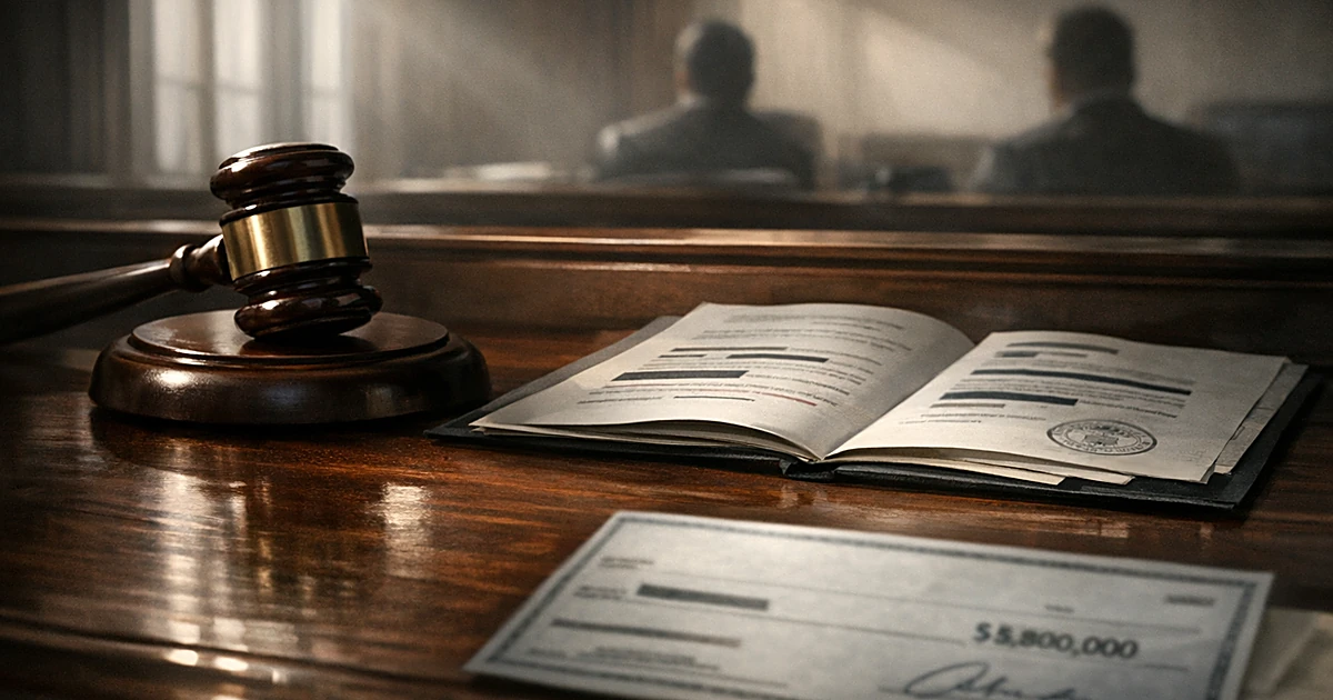 Judge's gavel beside legal documents and a check for $5.8 million on a courtroom bench with dramatic window lighting