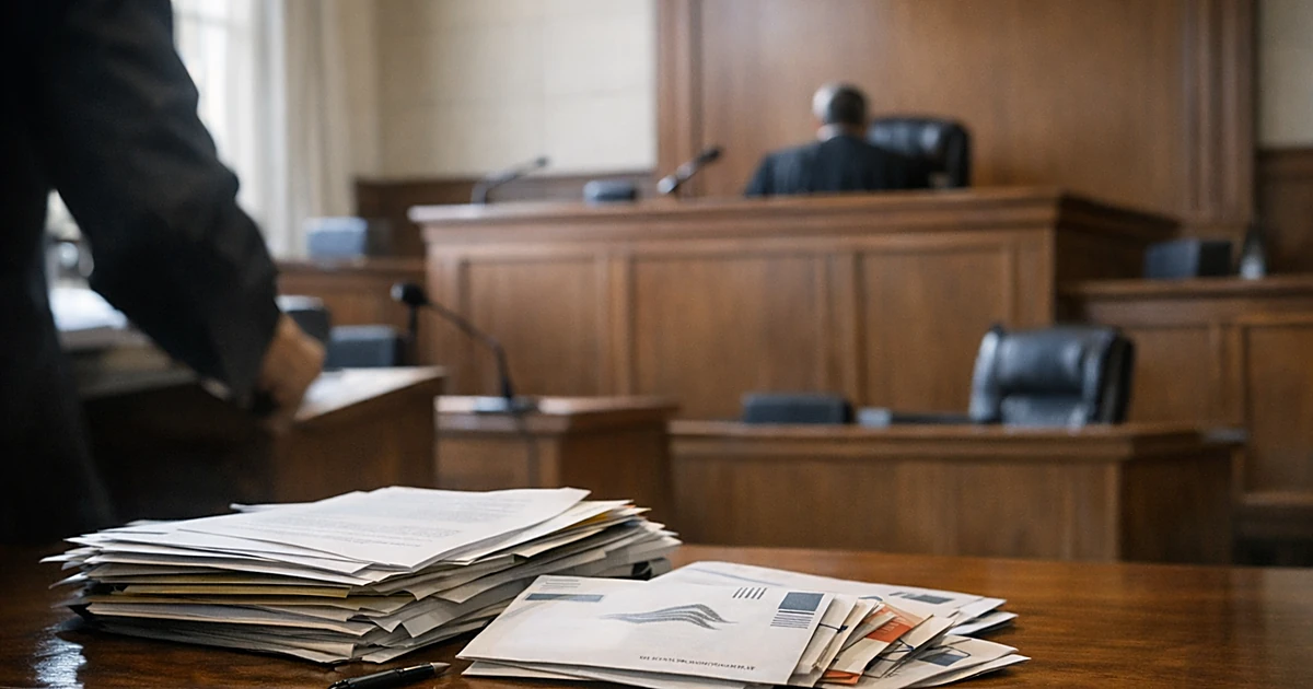 Federal courtroom interior with judge's bench and official documents on table in foreground