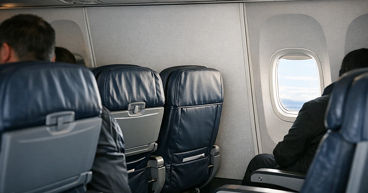 Airline cabin interior showing passenger seat next to solid wall with no window while adjacent seats have windows