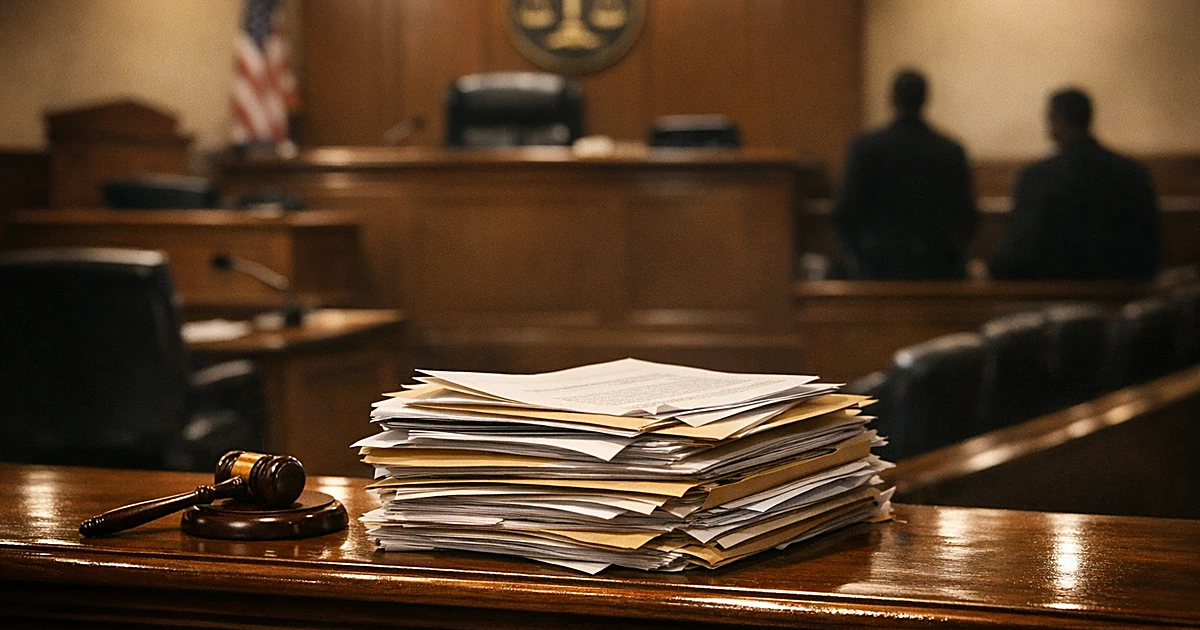 Empty federal courtroom interior with legal documents on judge's bench and witness stand in shadows