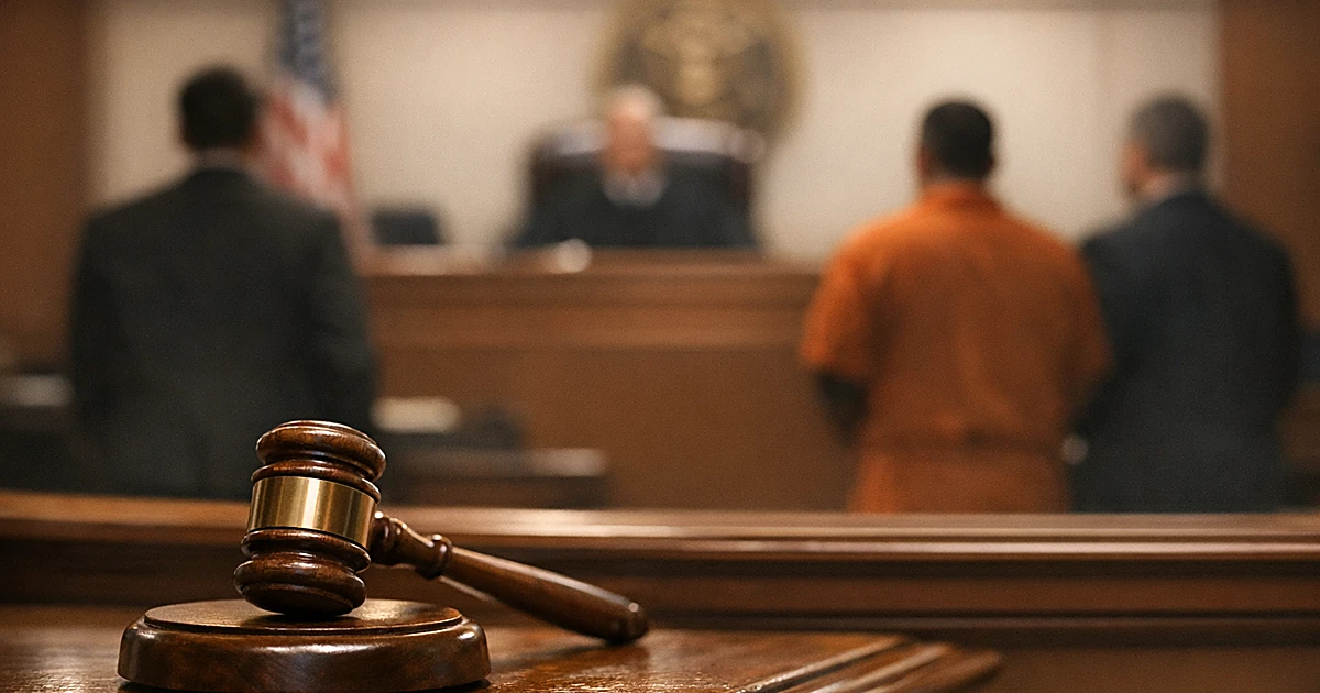 Federal courtroom interior with judge's bench and gavel, silhouetted figures in background