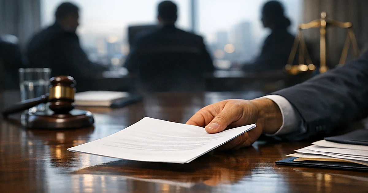 Document being slid across boardroom table during corporate negotiation meeting