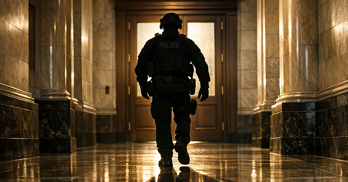 Silhouetted federal officer walking through courthouse hallway toward courtroom doors