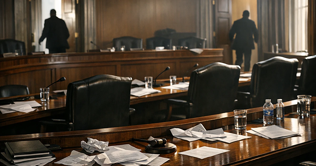Empty Senate committee room with scattered papers and silhouetted figures exiting through doorways