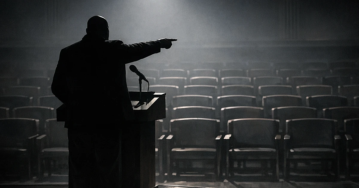 Silhouetted figure at podium gesturing toward rows of empty chairs in a shadowy chamber