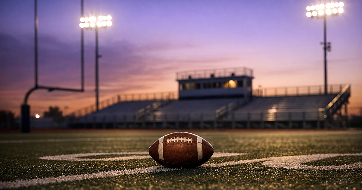 Empty high school football field at dusk with abandoned football on the 50-yard line and dark bleachers