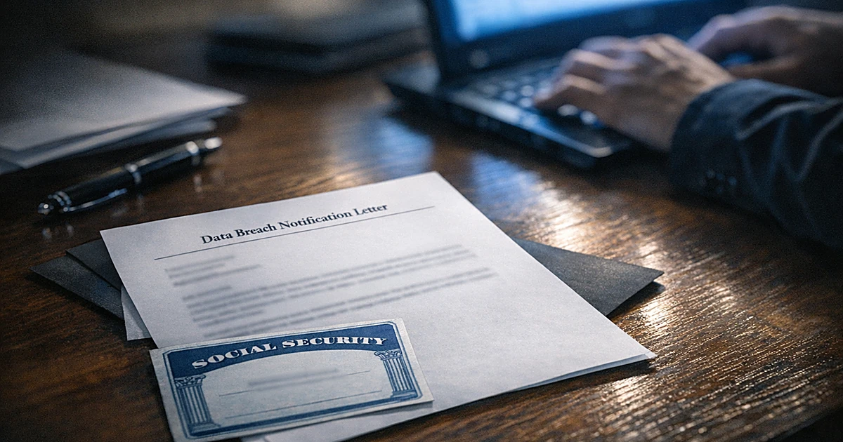 Data breach notification letter and Social Security card on desk with laptop glowing in background