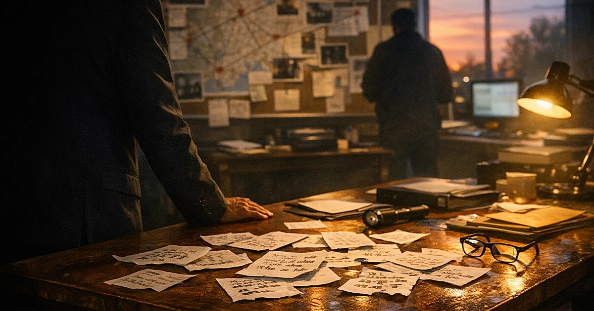 Silhouetted FBI agent reviewing scattered ransom notes on table in dimly lit evidence room at dusk