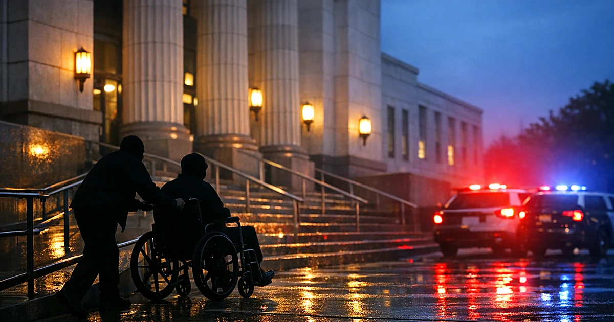 Silhouetted wheelchair user being pushed up courthouse ramp at dusk with emergency lights reflecting on wet pavement
