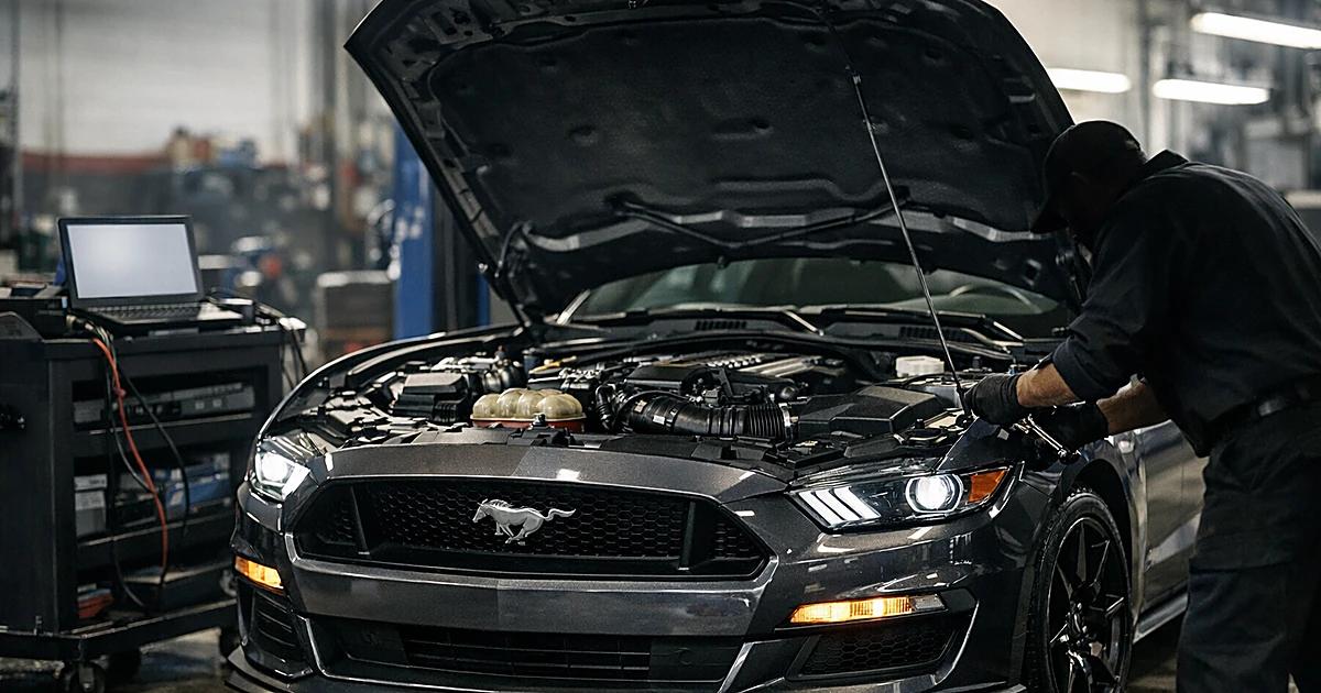Ford Mustang with hood open in automotive service bay with mechanic working on engine