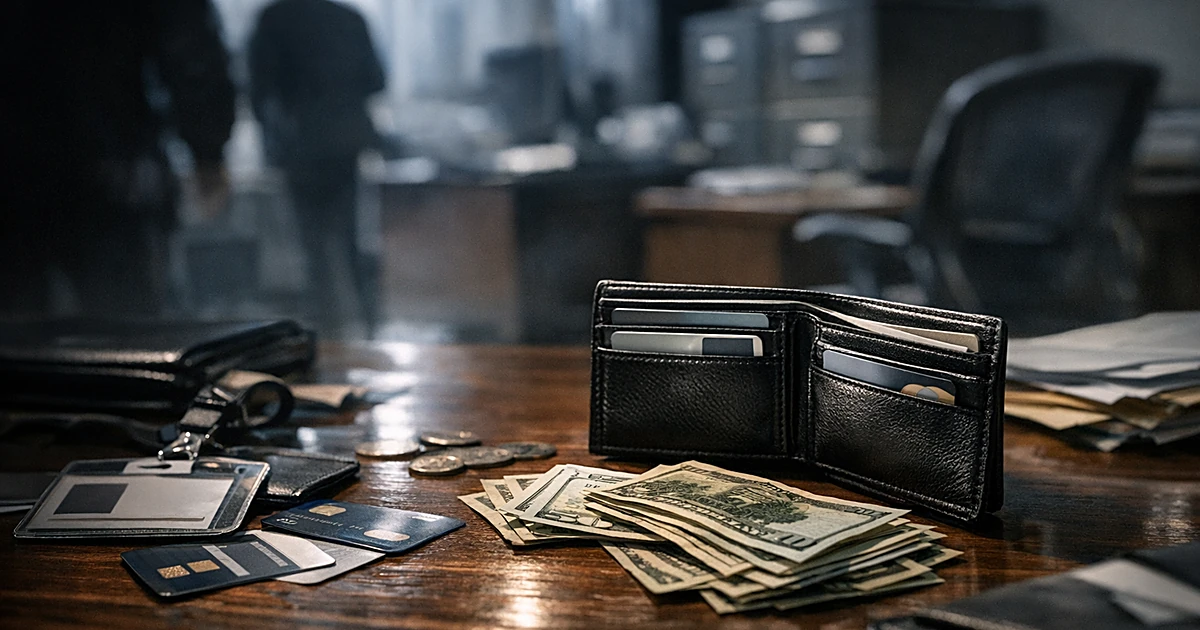 Office desk with scattered ID badges, wallet, credit cards and cash in dramatic lighting