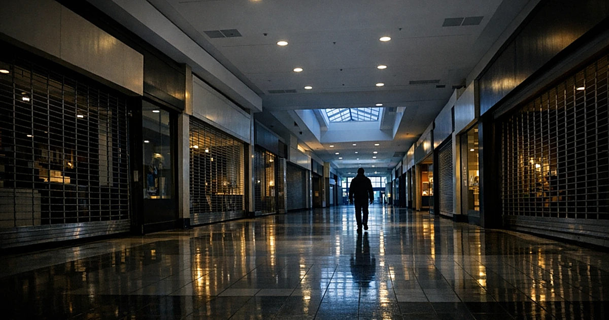 Empty shopping mall corridor with closed storefronts and security gates at dusk