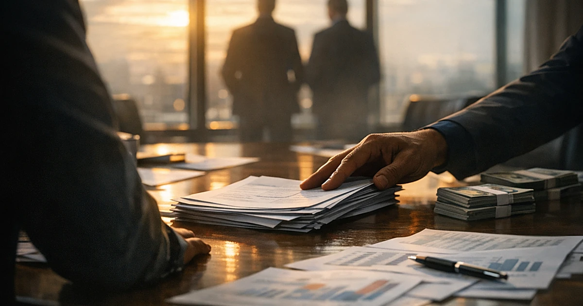 Silhouetted hands sliding financial documents across a corporate boardroom table with afternoon light through windows
