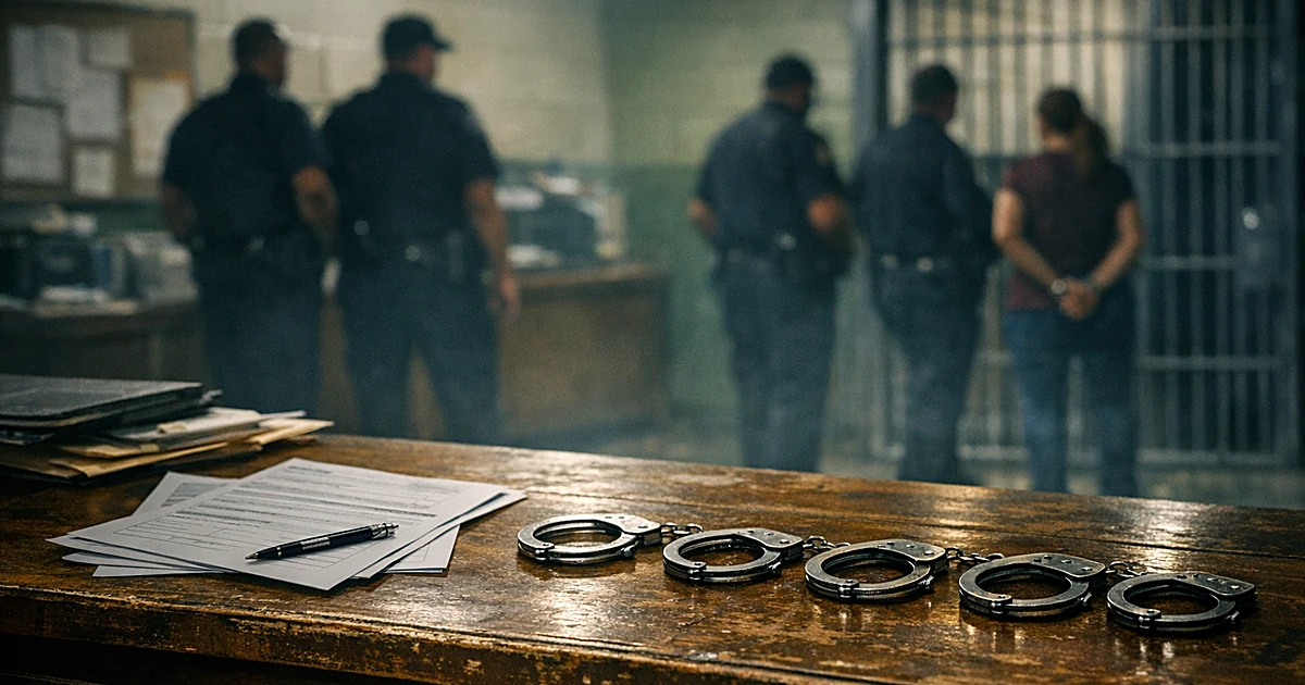 County booking station desk with multiple handcuffs and intake forms, silhouetted officers in background