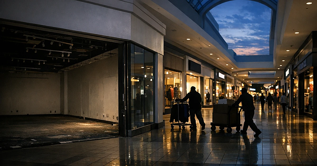 Empty retail storefront in shopping mall corridor with maintenance workers moving equipment in background