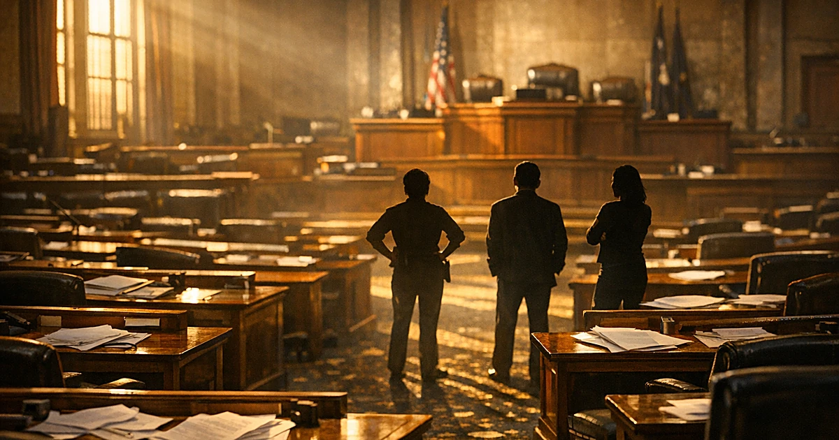 Empty legislative chamber with scattered papers and lone silhouetted figure facing speaker's podium in dramatic sunlight