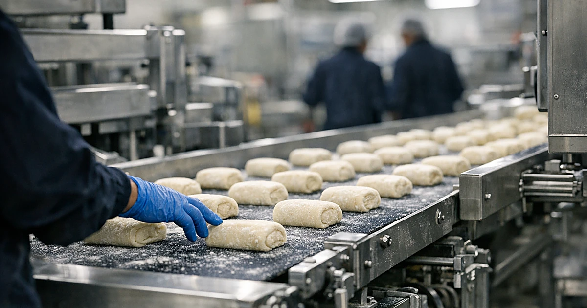 Commercial bakery production line with frozen dough rolls on conveyor belt and gloved hand inspecting product