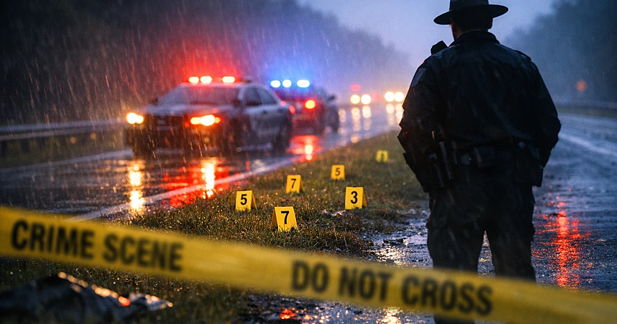 Police evidence markers on wet highway shoulder with emergency lights reflecting off pavement at dusk