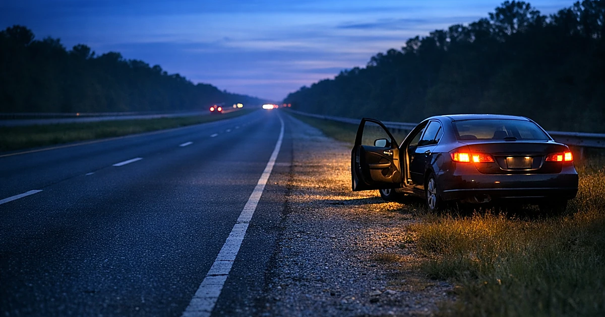 Empty Interstate highway at dusk with abandoned vehicle on shoulder, grassy median visible in distance