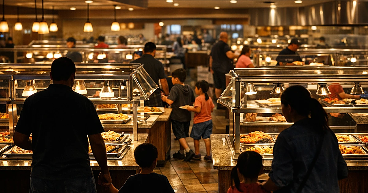 Interior of busy buffet restaurant with silhouetted families at food stations during dinner service