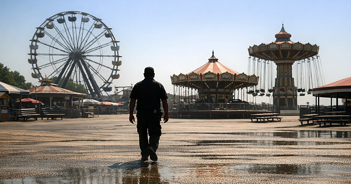 Empty amusement park with motionless rides under harsh midday sun with heat shimmer rising from pavement