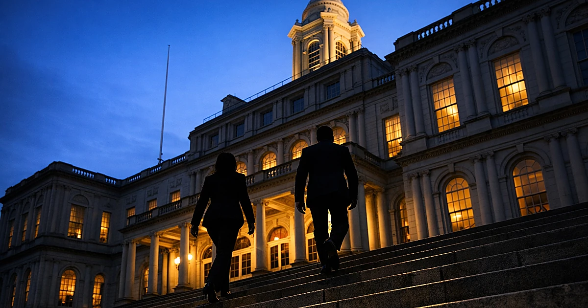 Two silhouetted figures ascending grand marble steps toward a neoclassical government building at dusk