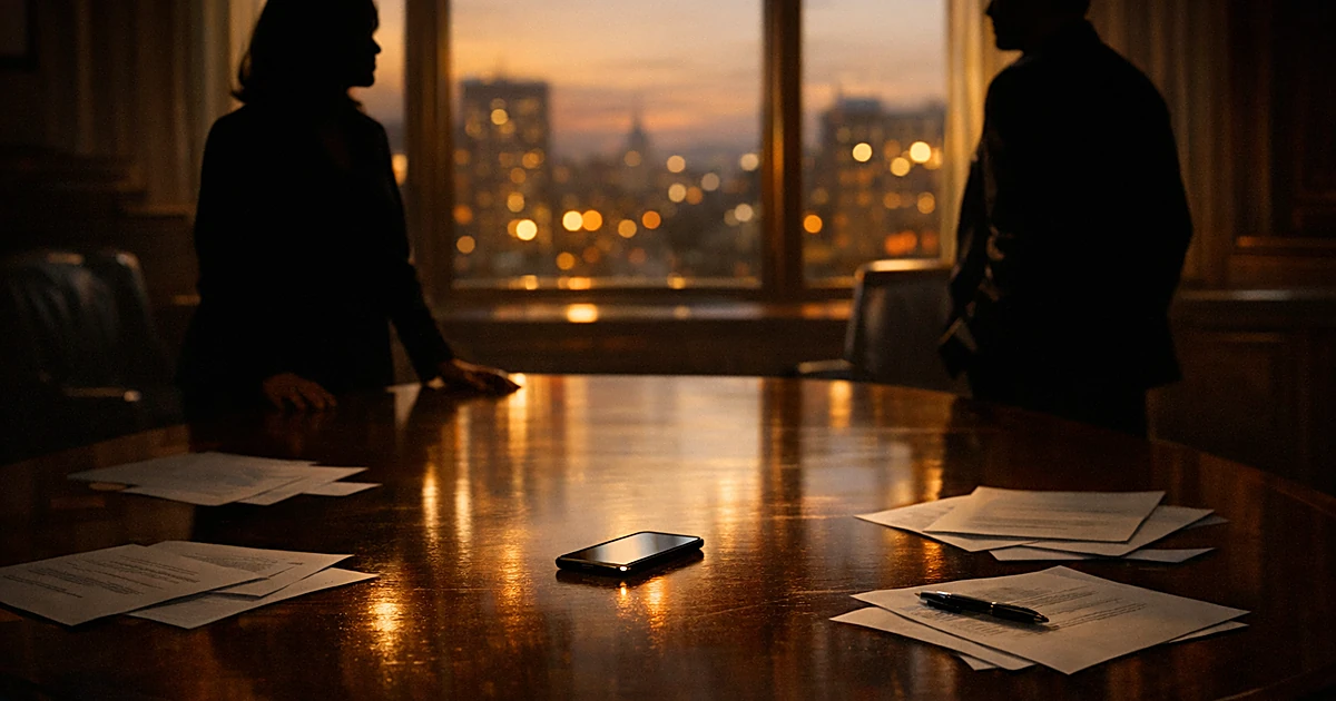 Political strategy room with silhouetted figures at table with scattered papers and smartphone in warm evening light