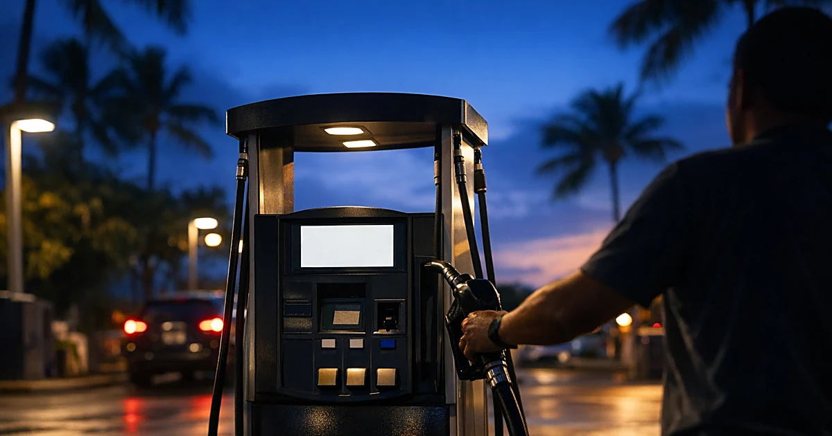 Gas station pump at dusk with silhouetted person reaching for fuel nozzle, palm trees in background