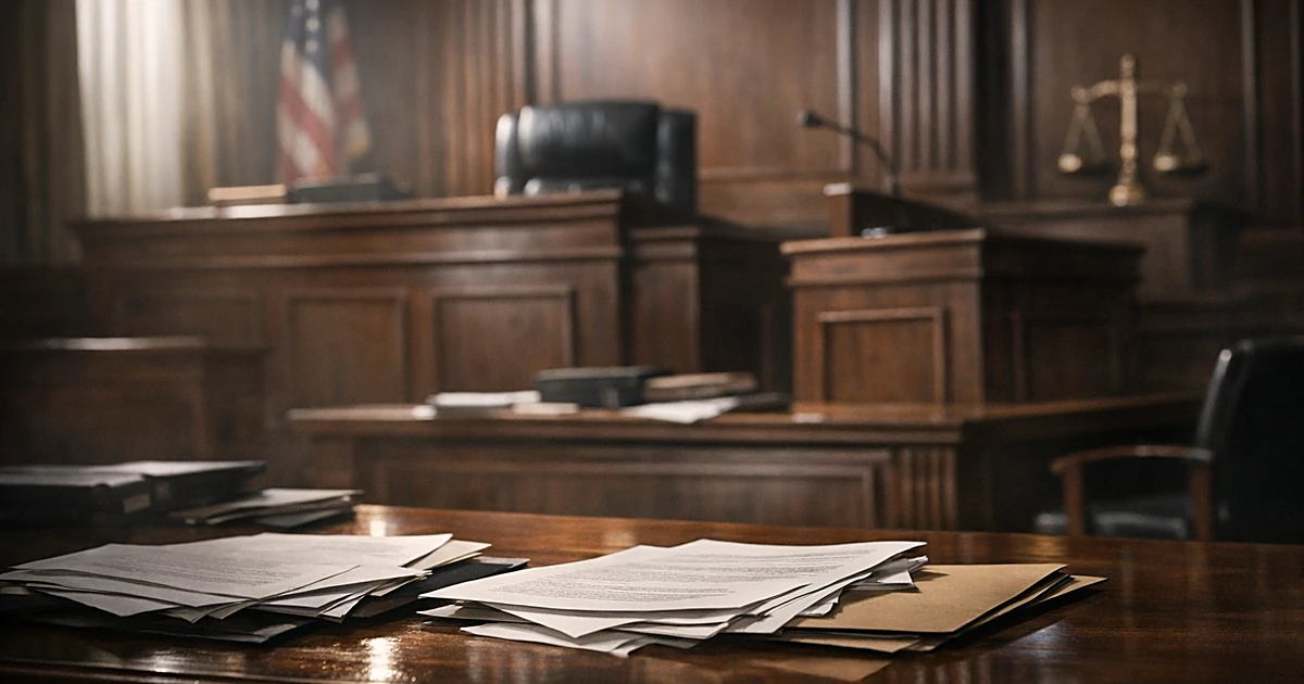 Empty courtroom with judge's bench and scattered legal documents on prosecution table in dramatic lighting