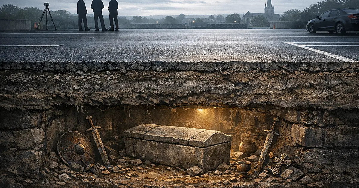 Cross-section view showing ancient burial chamber with stone sarcophagus beneath modern parking lot asphalt
