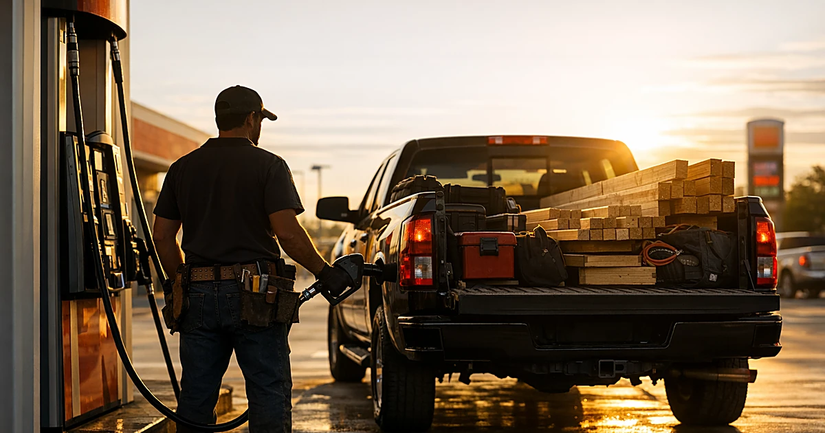 Contractor silhouette filling work truck at gas station with construction materials in truck bed at sunset