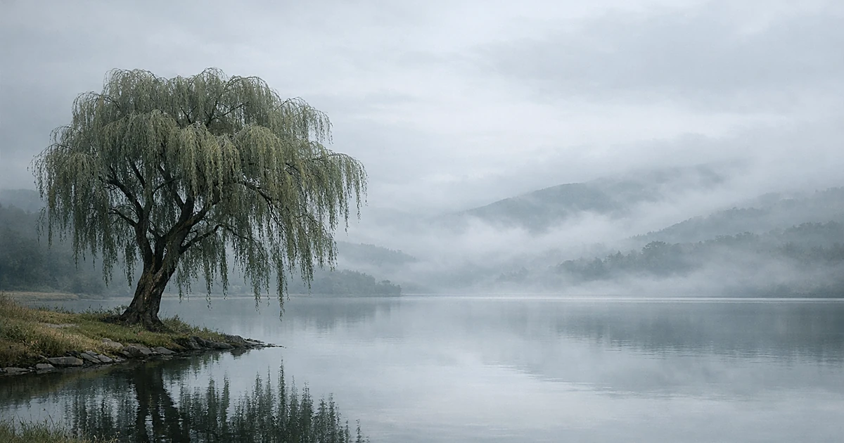 Misty landscape with lone willow tree beside calm water under gray sky