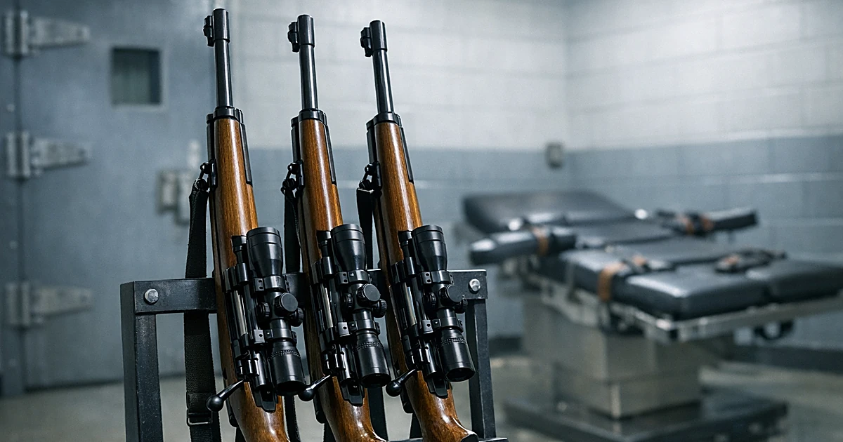 Three rifles mounted on stand in stark prison execution chamber with concrete walls and steel door
