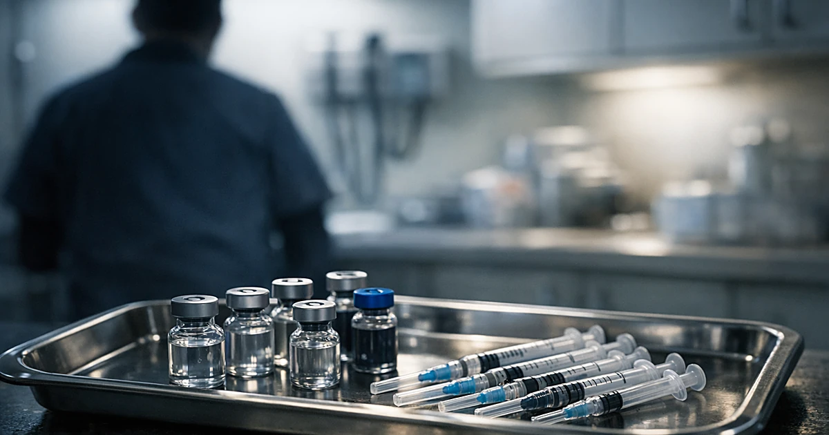 Medical examination room with vaccine vials on steel tray, silhouetted healthcare worker in background