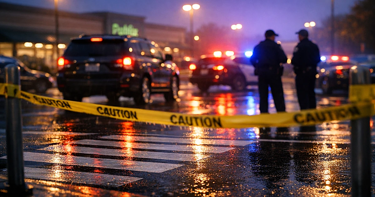 Wet parking lot crosswalk with emergency lights reflecting on pavement and caution tape in foreground
