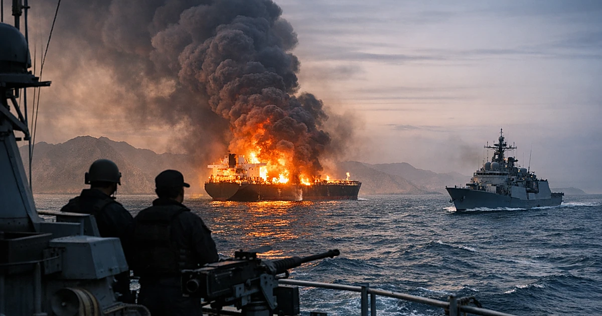 Large natural gas tanker on fire in the Strait of Hormuz with black smoke rising at dusk